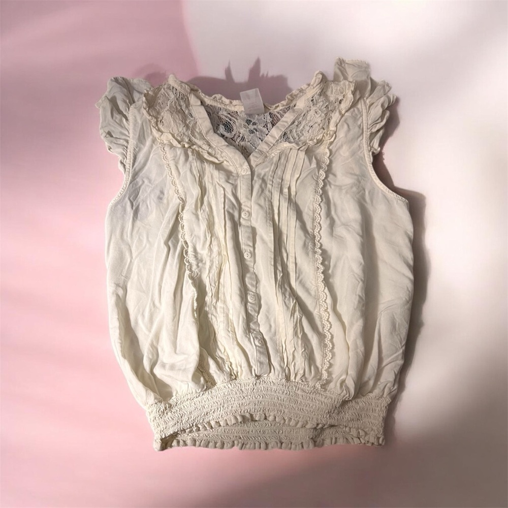 No Boundaries Cream Lace-Trim Button Front Cap Sleeve Blouse 551